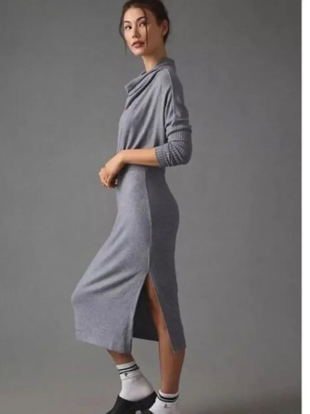 Anthropologie Daily Practice Grey Knit Karigan Cinch Waist‎ Cowl Neck Maxi Dress